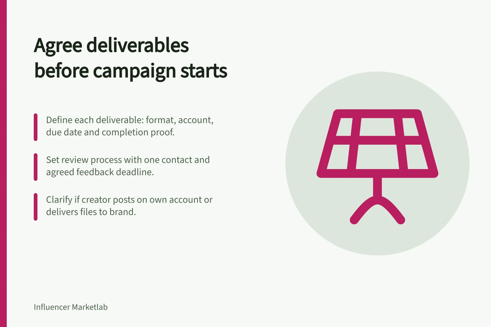 Agree deliverables before campaign starts: Define each deliverable: format, account, due date and completion proof.; Set review process with one contact and agreed feedback deadline.; Clarify if creator posts on own account or delivers files to brand.