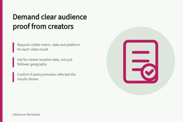 Demand clear audience proof from creators: Request visible metric, date and platform for each video result.; Ask for viewer location data, not just follower geography.; Confirm if paid promotion affected the results shown. Asking creators for useful audience evidence
