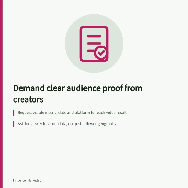 Demand clear audience proof from creators: Request visible metric, date and platform for each video result.; Ask for viewer location data, not just follower geography.; Confirm if paid promotion affected the results shown. Asking creators for useful audience evidence