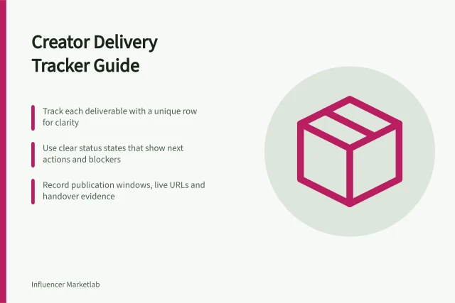 Creator Delivery Tracker Guide: Track each deliverable with a unique row for clarity; Use clear status states that show next actions and blockers; Record publication windows, live URLs and handover evidence. Building a creator delivery tracker