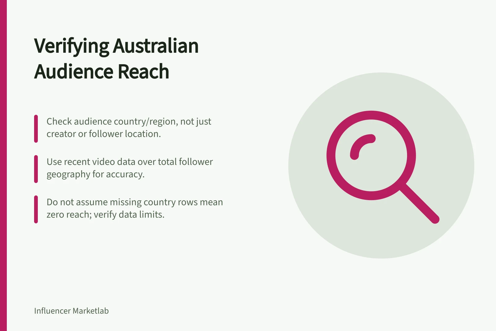 Verifying Australian Audience Reach: Check audience country/region, not just creator or follower location.; Use recent video data over total follower geography for accuracy.; Do not assume missing country rows mean zero reach; verify data limits.