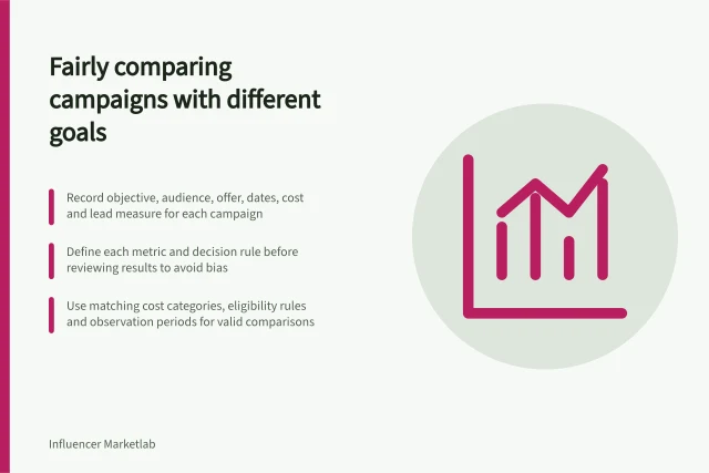 Fairly comparing campaigns with different goals: Record objective, audience, offer, dates, cost and lead measure for each campaign; Define each metric and decision rule before reviewing results to avoid bias; Use matching cost categories, eligibility rules and observation periods for valid comparisons. Comparing campaigns with different objectives fairly