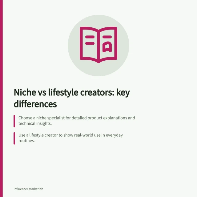 Niche vs lifestyle creators: key differences: Choose a niche specialist for detailed product explanations and technical insights.; Use a lifestyle creator to show real-world use in everyday routines.; Verify audience location and post relevance before booking each creator. Comparing niche specialists with lifestyle influencers