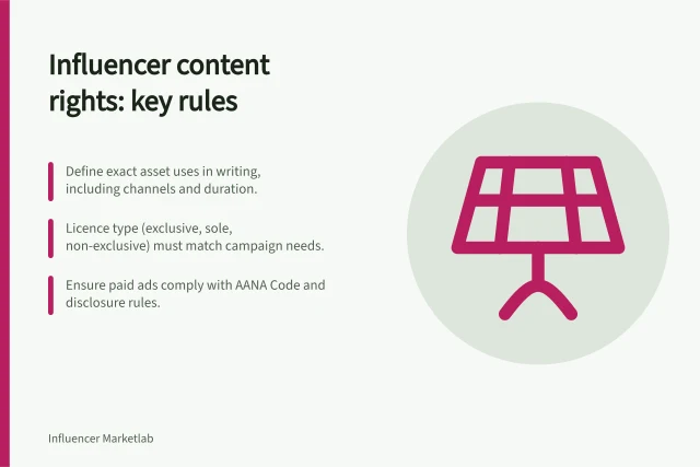 Influencer content rights: key rules: Define exact asset uses in writing, including channels and duration.; Licence type (exclusive, sole, non-exclusive) must match campaign needs.; Ensure paid ads comply with AANA Code and disclosure rules. Content usage rights in influencer partnerships