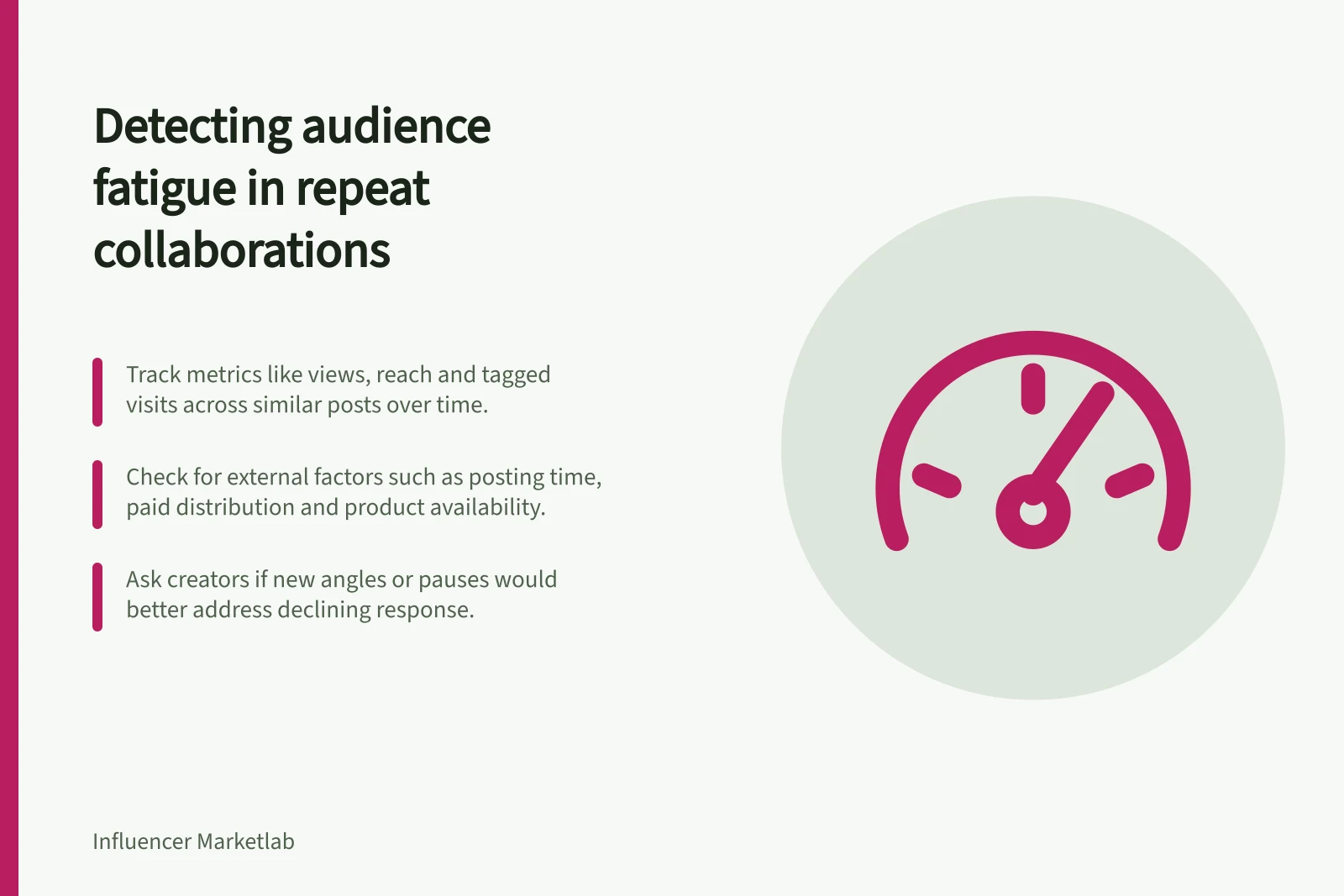 Detecting audience fatigue in repeat collaborations: Track metrics like views, reach and tagged visits across similar posts over time.; Check for external factors such as posting time, paid distribution and product availability.; Ask creators if new angles or pauses would better address declining response.