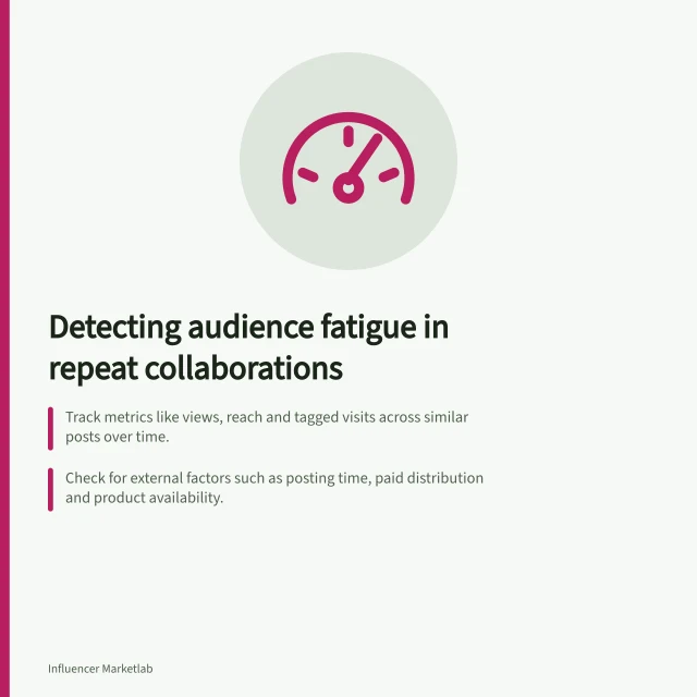 Detecting audience fatigue in repeat collaborations: Track metrics like views, reach and tagged visits across similar posts over time.; Check for external factors such as posting time, paid distribution and product availability.; Ask creators if new angles or pauses would better address declining response. Detecting audience fatigue across repeat collaborations
