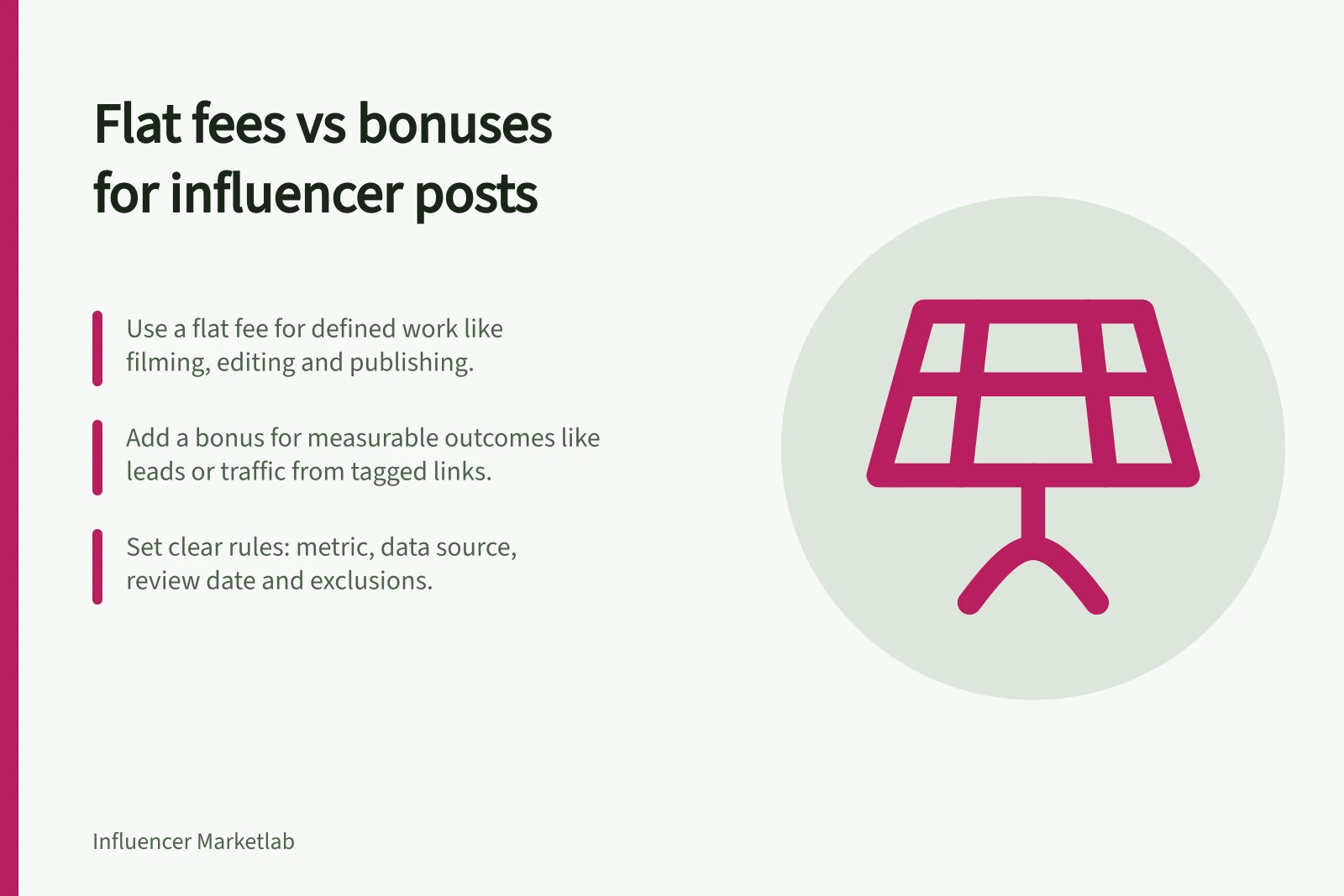 Flat fees vs bonuses for influencer posts: Use a flat fee for defined work like filming, editing and publishing.; Add a bonus for measurable outcomes like leads or traffic from tagged links.; Set clear rules: metric, data source, review date and exclusions.