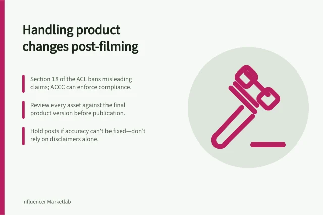 Handling product changes post-filming: Section 18 of the ACL bans misleading claims; ACCC can enforce compliance.; Review every asset against the final product version before publication.; Hold posts if accuracy can't be fixed—don’t rely on disclaimers alone. Handling product changes after creators have filmed