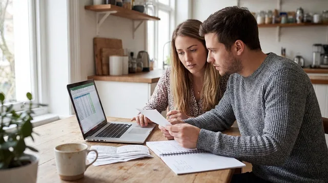 rent, couple, money, finance, debt, business, computer, technology, laptop, digital, internet, keyboard, table, work, design, ai generated. Influencer reporting for brand and finance teams