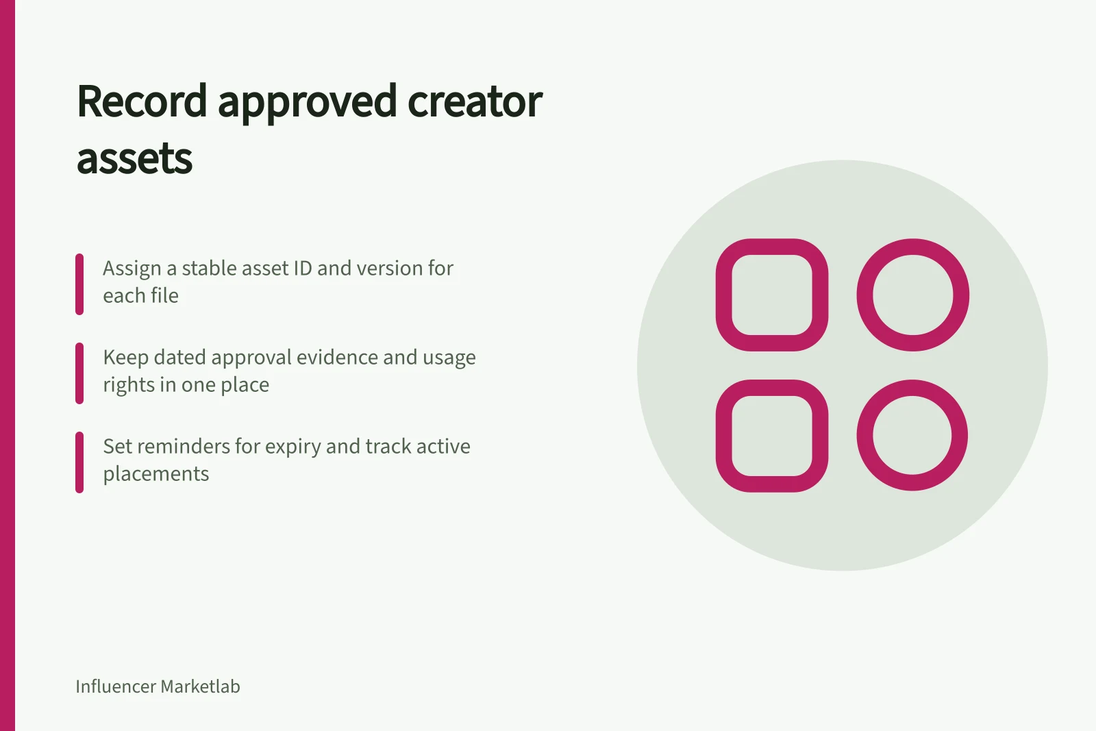 Record approved creator assets: Assign a stable asset ID and version for each file; Keep dated approval evidence and usage rights in one place; Set reminders for expiry and track active placements