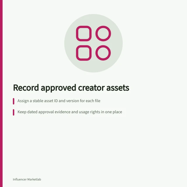 Record approved creator assets: Assign a stable asset ID and version for each file; Keep dated approval evidence and usage rights in one place; Set reminders for expiry and track active placements. Keeping a record of approved creator assets