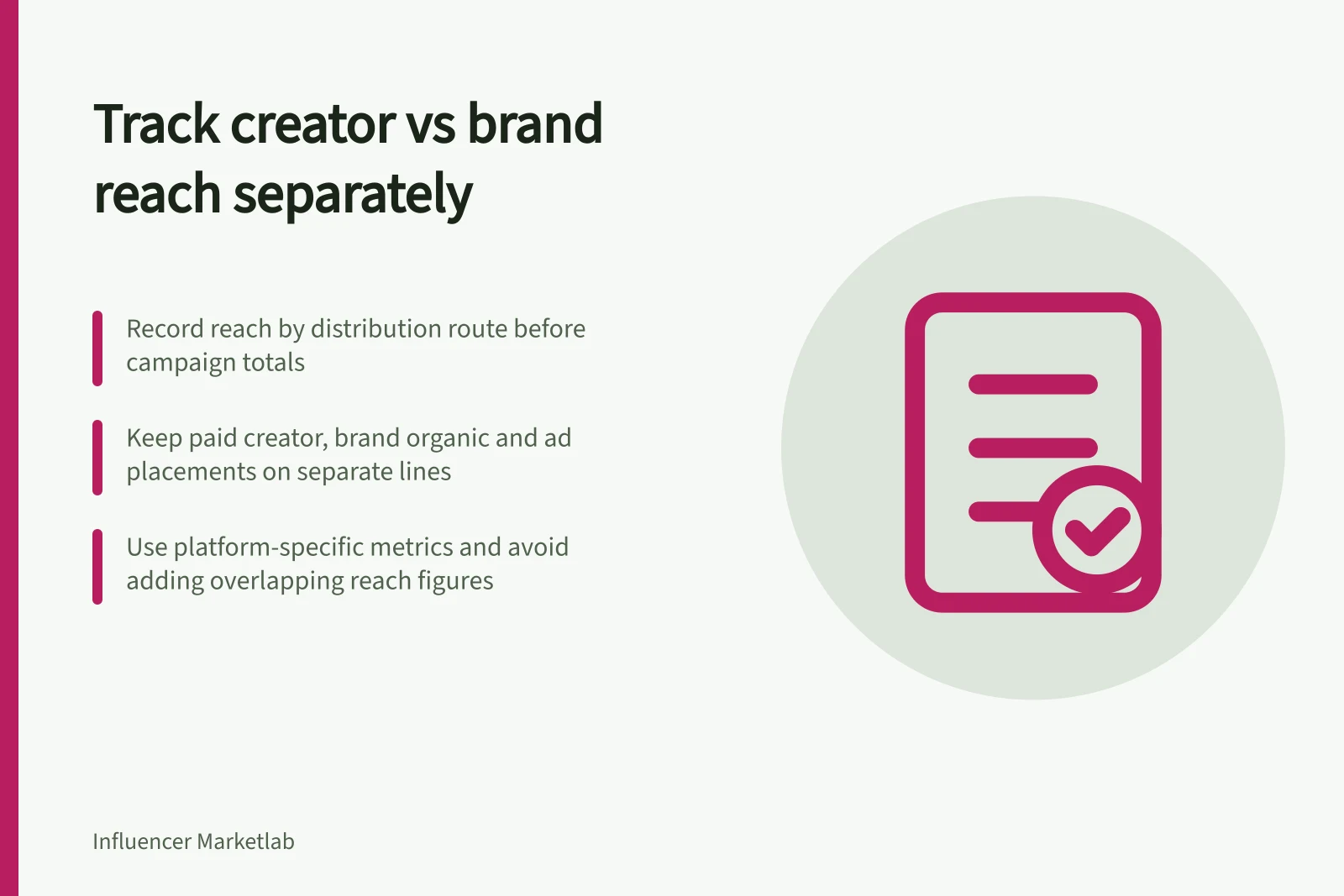 Track creator vs brand reach separately: Record reach by distribution route before campaign totals; Keep paid creator, brand organic and ad placements on separate lines; Use platform-specific metrics and avoid adding overlapping reach figures