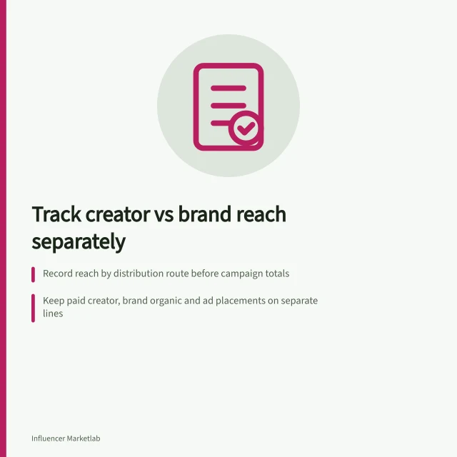 Track creator vs brand reach separately: Record reach by distribution route before campaign totals; Keep paid creator, brand organic and ad placements on separate lines; Use platform-specific metrics and avoid adding overlapping reach figures. Separating paid creator reach from organic brand reach