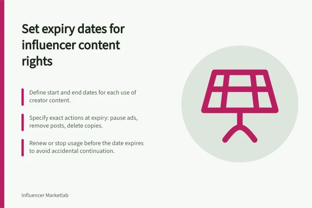 Set expiry dates for influencer content rights: Define start and end dates for each use of creator content.; Specify exact actions at expiry: pause ads, remove posts, delete copies.; Renew or stop usage before the date expires to avoid accidental continuation. Setting an end date for influencer usage rights