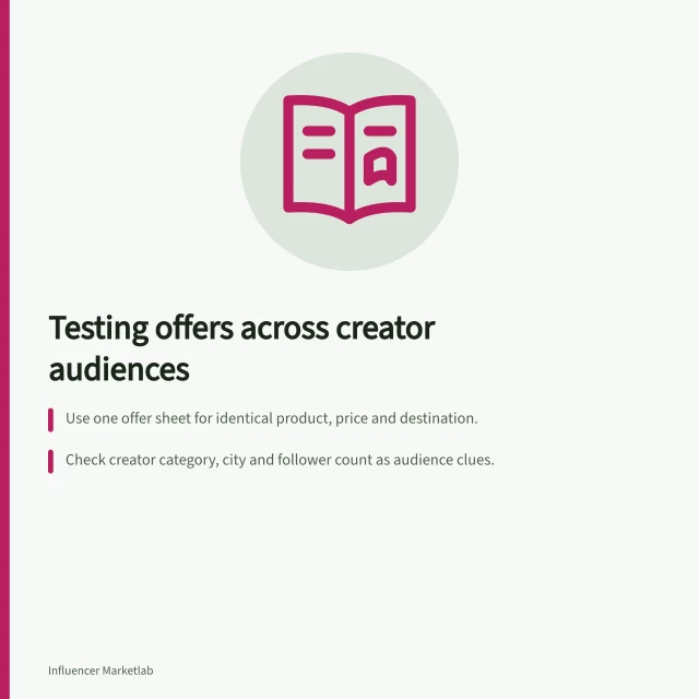 Testing offers across creator audiences: Use one offer sheet for identical product, price and destination.; Check creator category, city and follower count as audience clues.; Track tagged URLs, delivery time, platform metric and tagged visits for comparison. Testing the same offer with different creator audiences