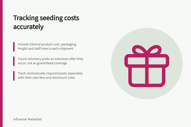Tracking seeding costs accurately: Include internal product cost, packaging, freight and staff time in each shipment; Count voluntary posts as outcomes after they occur, not as guaranteed coverage; Track contractually required posts separately with their own fees and disclosure rules. Tracking seeding costs without treating gifts as guaranteed coverage