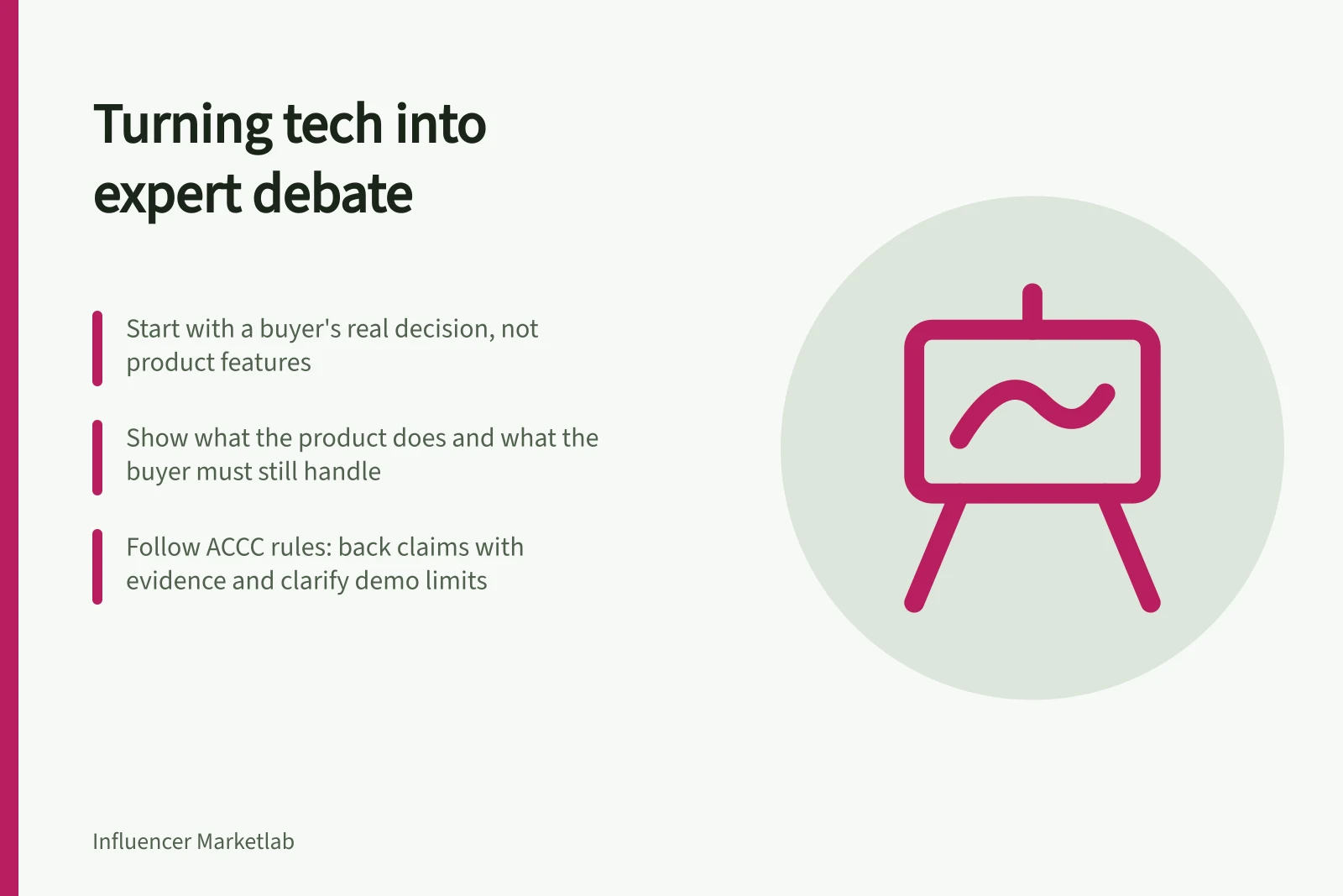 Turning tech into expert debate: Start with a buyer's real decision, not product features; Show what the product does and what the buyer must still handle; Follow ACCC rules: back claims with evidence and clarify demo limits