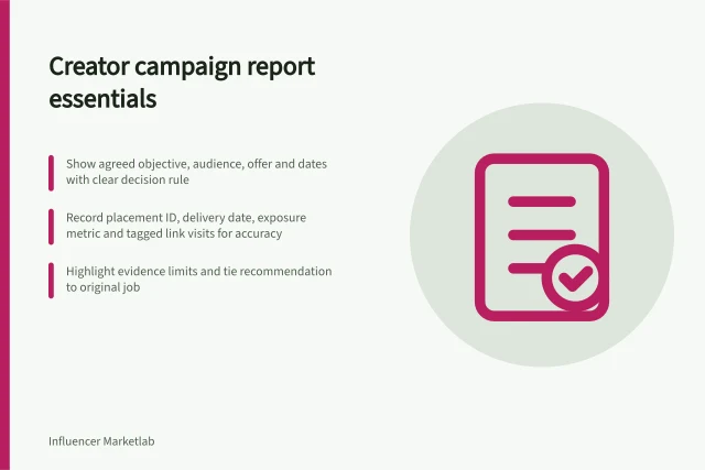 Creator campaign report essentials: Show agreed objective, audience, offer and dates with clear decision rule; Record placement ID, delivery date, exposure metric and tagged link visits for accuracy; Highlight evidence limits and tie recommendation to original job. What a creator campaign report should show
