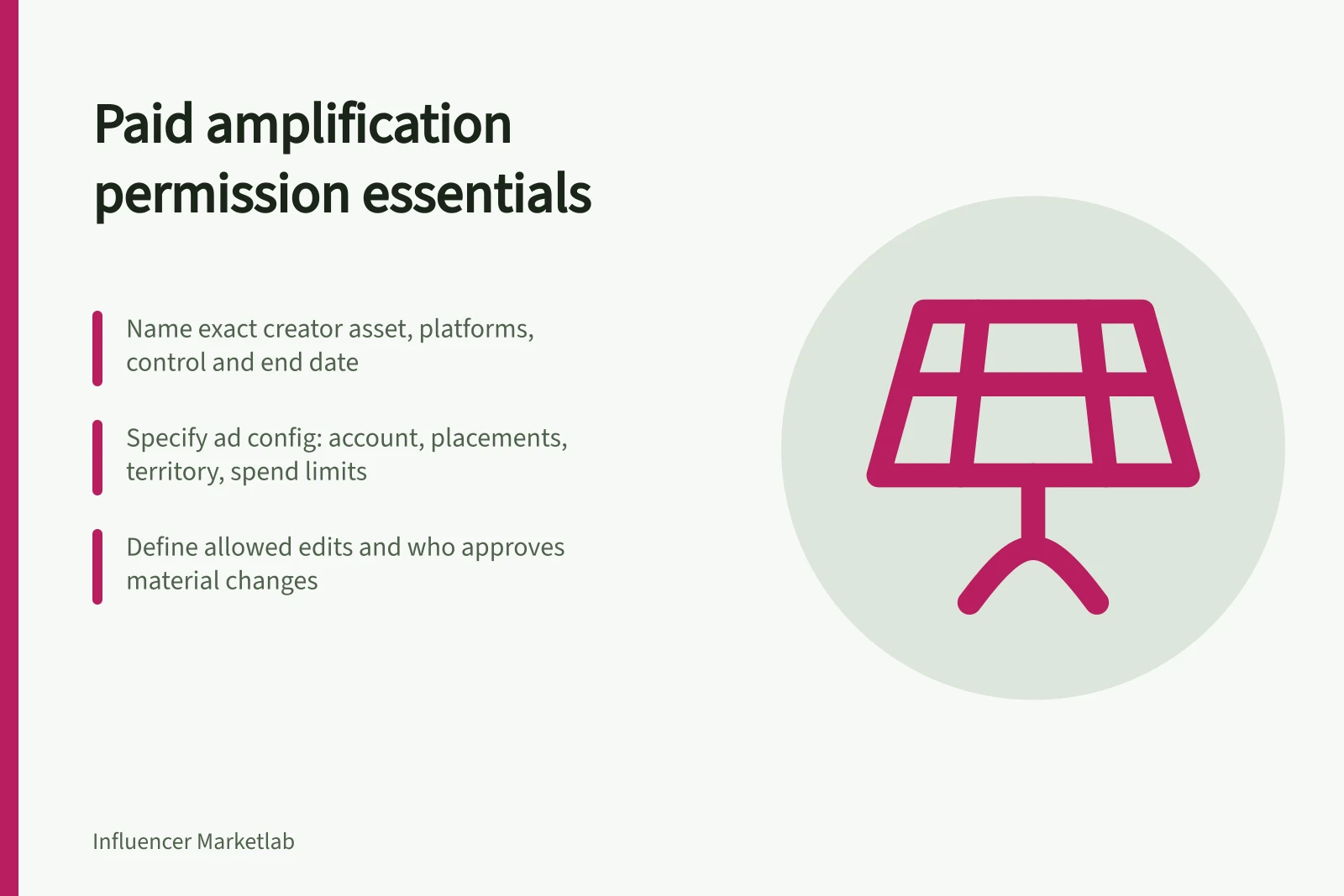 Paid amplification permission essentials: Name exact creator asset, platforms, control and end date; Specify ad config: account, placements, territory, spend limits; Define allowed edits and who approves material changes