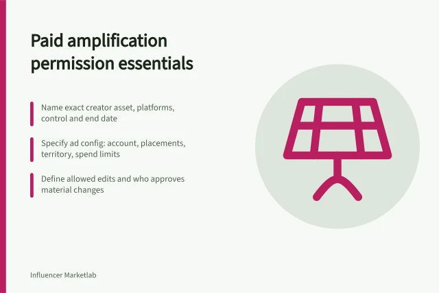 Paid amplification permission essentials: Name exact creator asset, platforms, control and end date; Specify ad config: account, placements, territory, spend limits; Define allowed edits and who approves material changes. What a paid amplification permission should cover