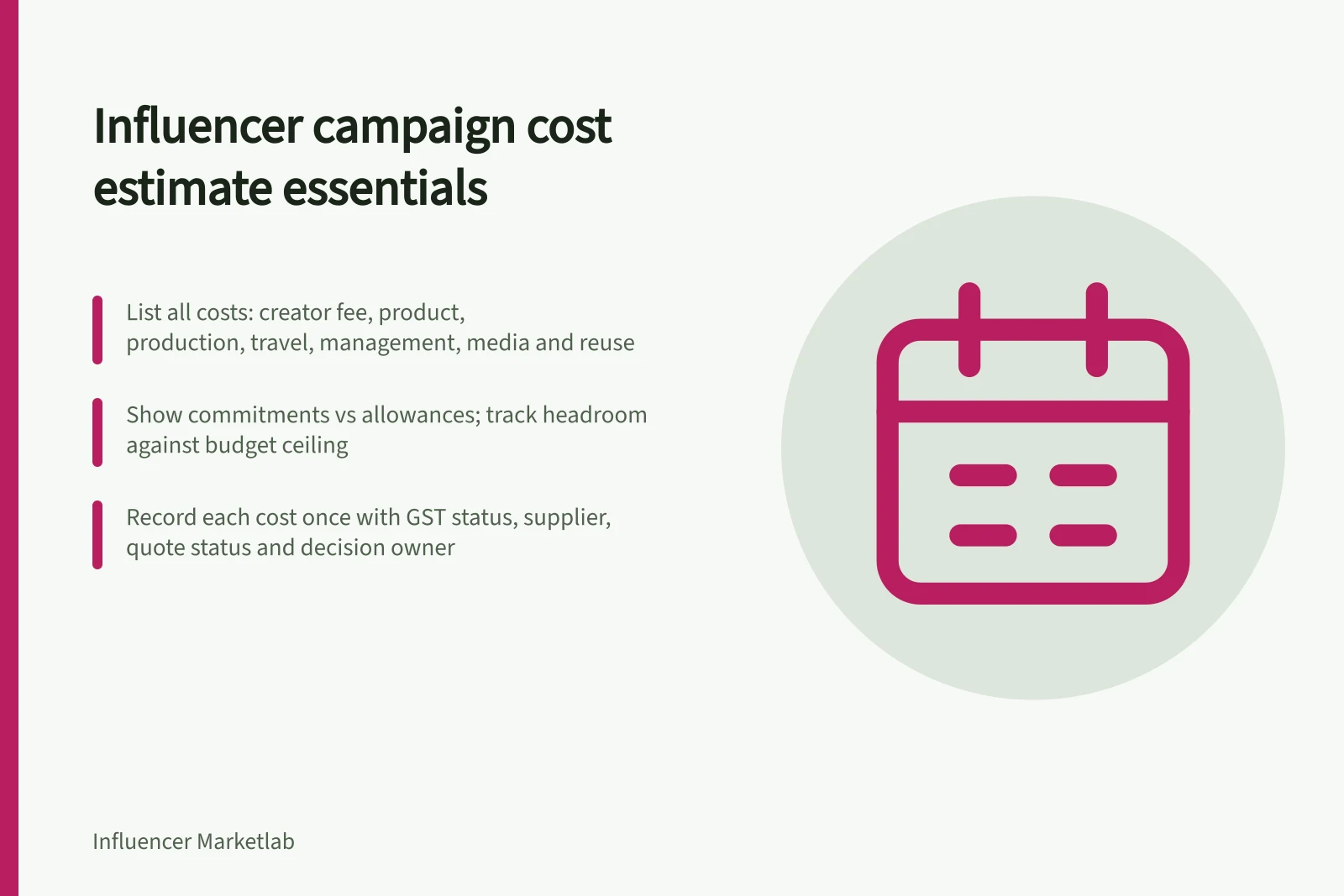 Influencer campaign cost estimate essentials: List all costs: creator fee, product, production, travel, management, media and reuse; Show commitments vs allowances; track headroom against budget ceiling; Record each cost once with GST status, supplier, quote status and decision owner