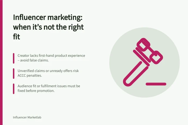 Influencer marketing: when it’s not the right fit: Creator lacks first-hand product experience – avoid false claims.; Unverified claims or unready offers risk ACCC penalties.; Audience fit or fulfilment issues must be fixed before promotion. When influencer marketing is the wrong channel for a product